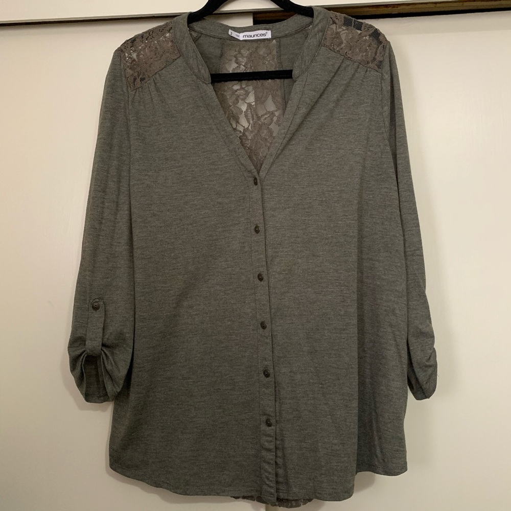 Maurices Moss Green V-Neck Button Down Lace Back